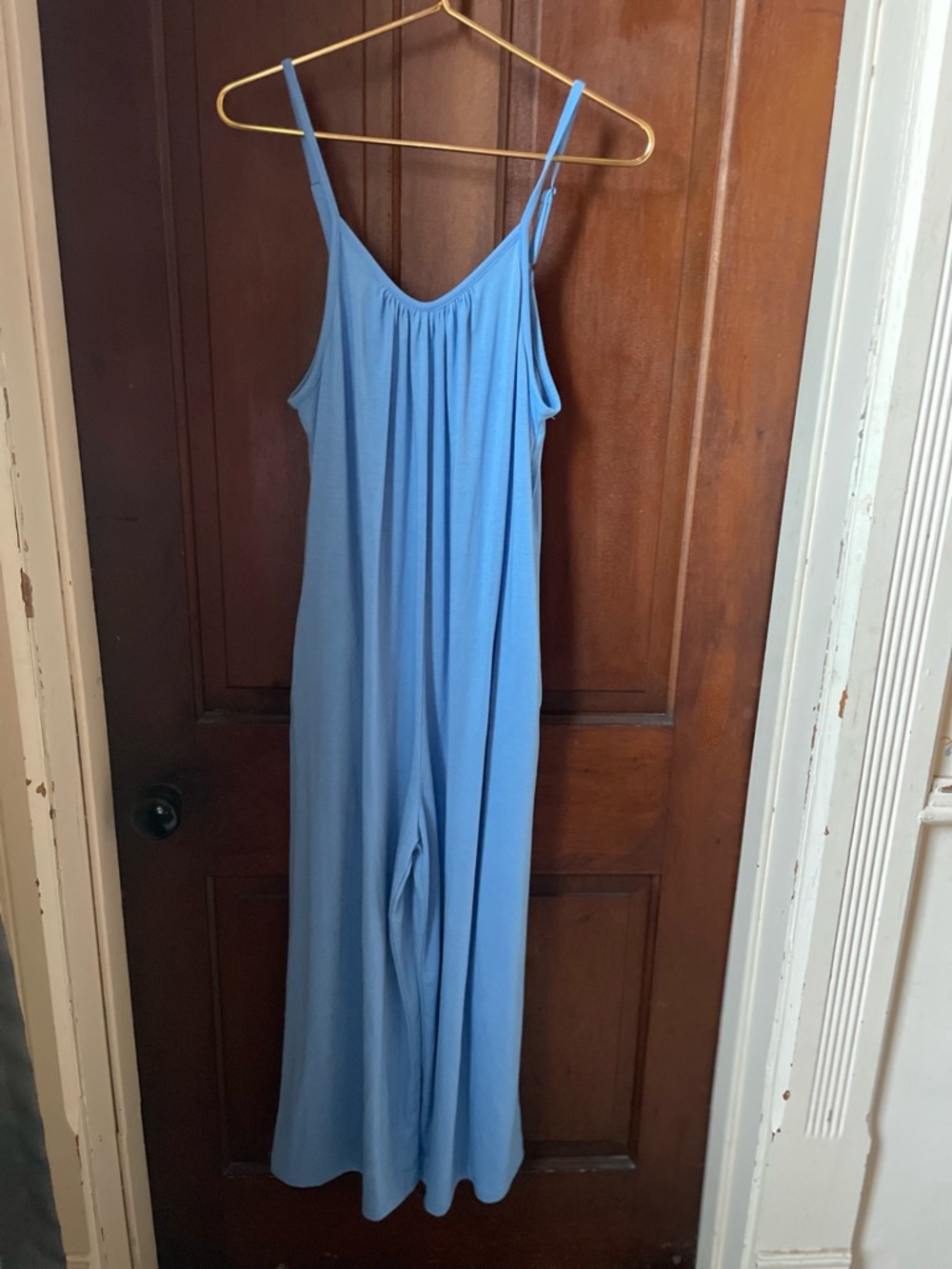 women's medium sleeveless blue jumpsuit